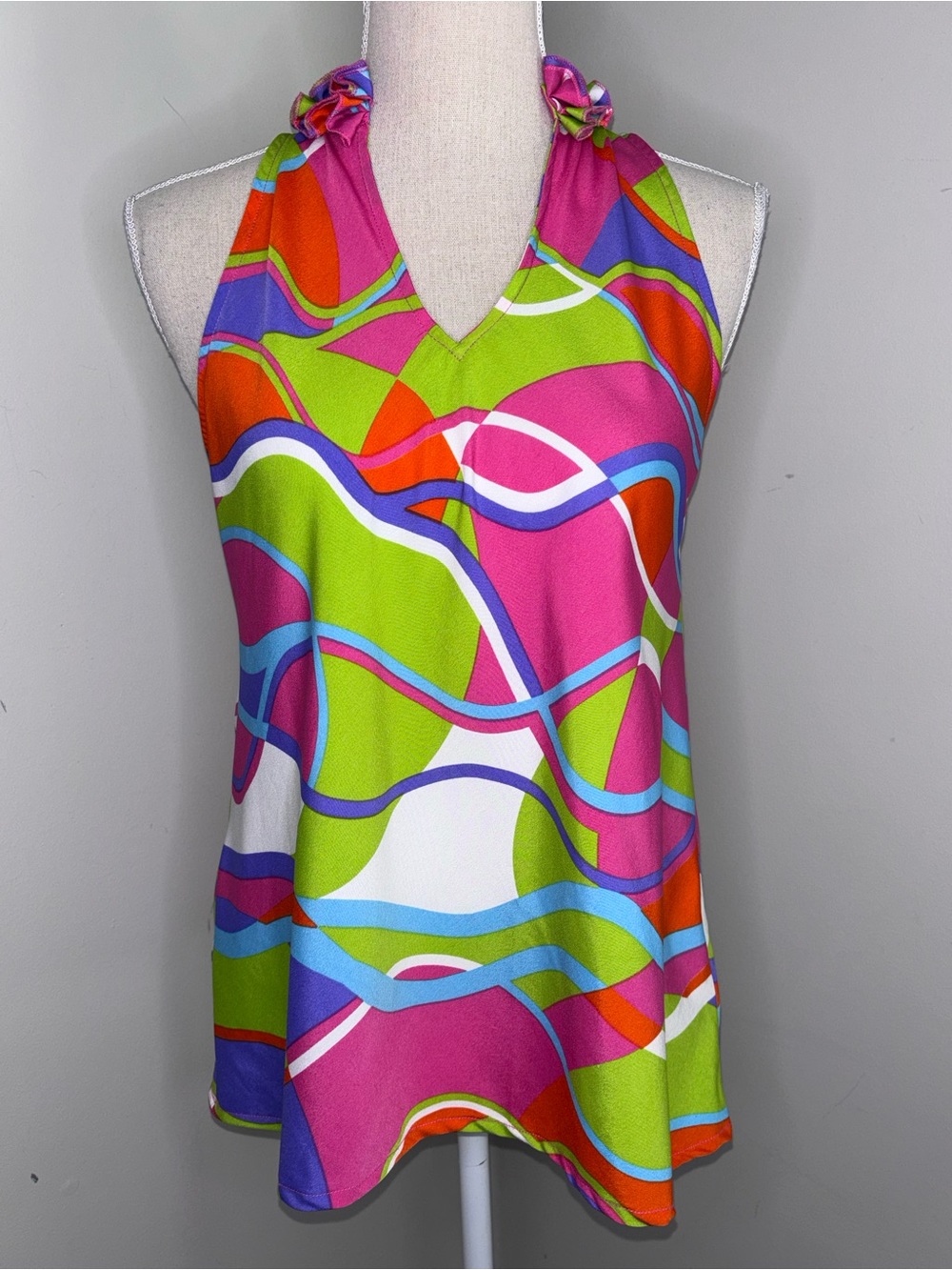 Buckhead Betties sleeveless abstract hot pink green ruffle neck top size Small